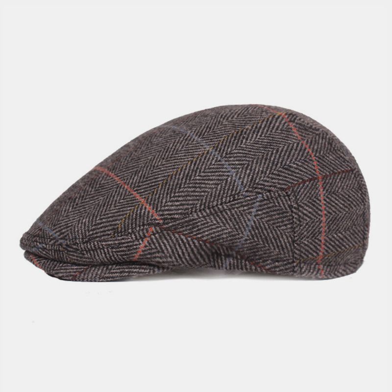 Bérets À Motif De Treillis À Chevrons En Laine Pour Hommes British Retro Ear Protection Forward Hat Newsboy Hat