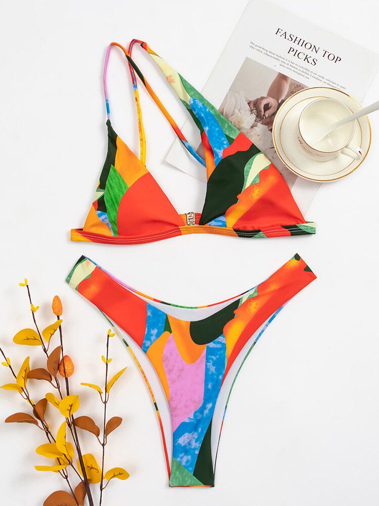 Bikini Hawaïen Croisé À Une Épaule Avec Motif Géométrique Et Blocs De Couleurs