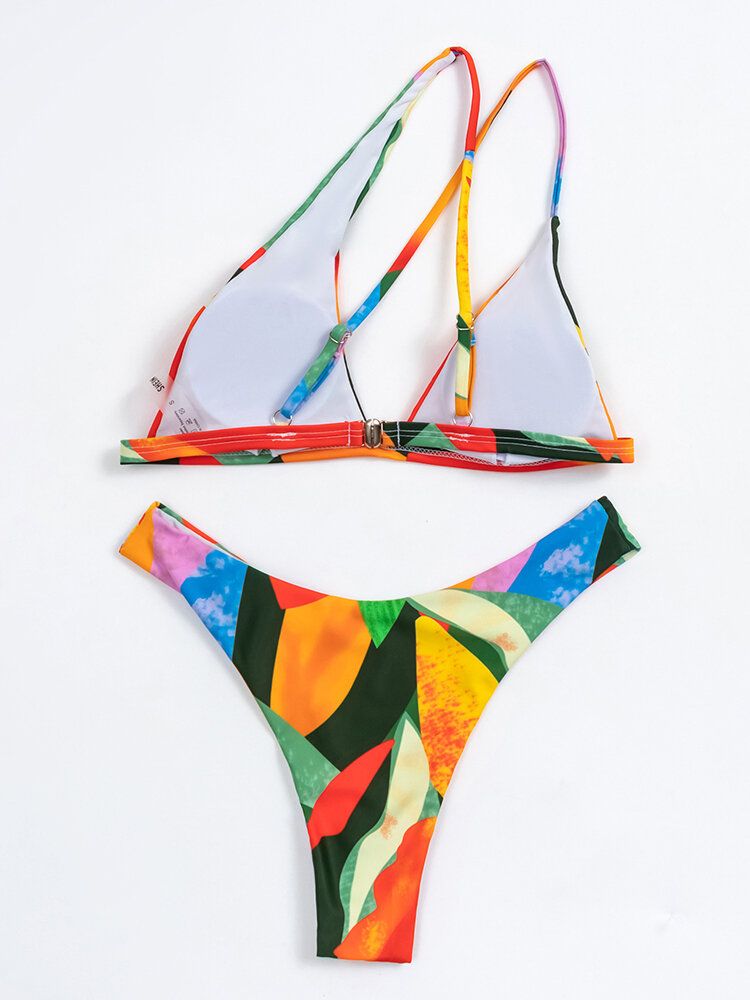 Bikini Hawaïen Croisé À Une Épaule Avec Motif Géométrique Et Blocs De Couleurs