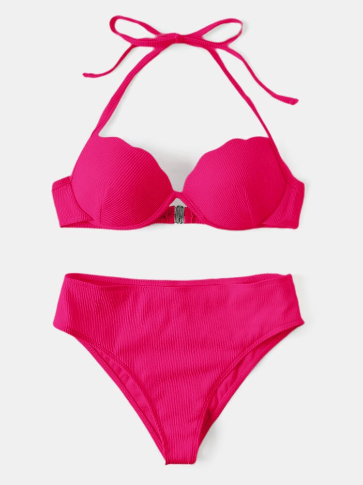 Bikini Taille Haute À Armatures Pour Femmes De Couleur Unie Pour La Natation