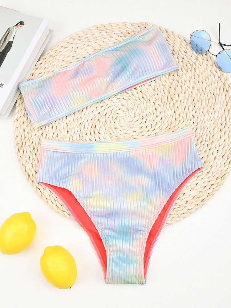 Bikini Taille Haute Bandeau Côtelé Sans Armatures À Imprimé Tie-dye