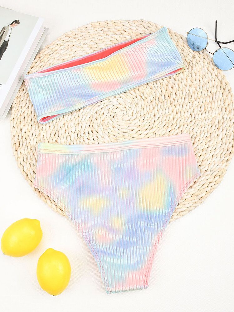 Bikini Taille Haute Bandeau Côtelé Sans Armatures À Imprimé Tie-dye