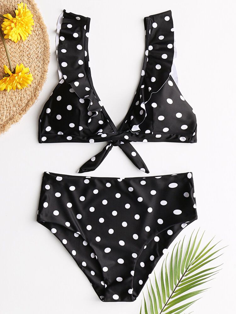 Bikini Taille Haute À Volants Et Imprimé À Pois Pour Femmes