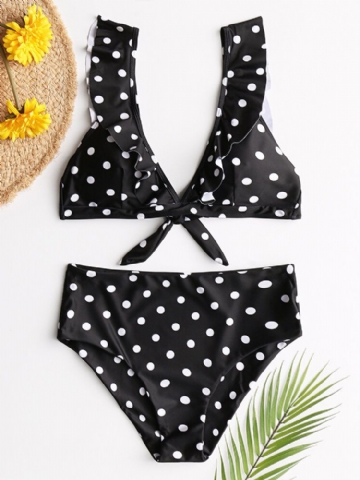 Bikini Taille Haute À Volants Et Imprimé À Pois Pour Femmes