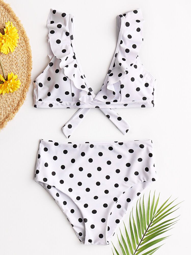 Bikini Taille Haute À Volants Et Imprimé À Pois Pour Femmes