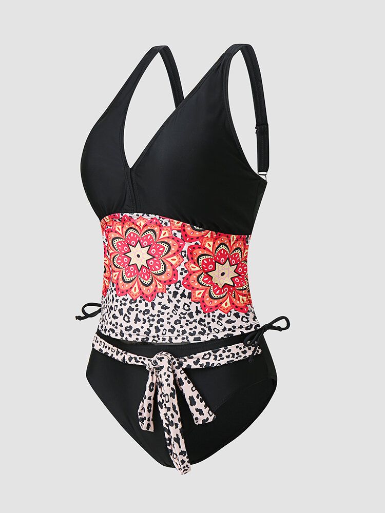 Bikinis Style Bohème Rembourrés Avec Ruban Patchwork Léopard Pour Femmes