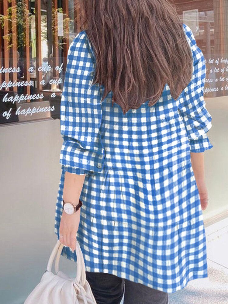 Blouse Ample Décontractée À Carreaux À Manches Bouffantes Pour Femmes