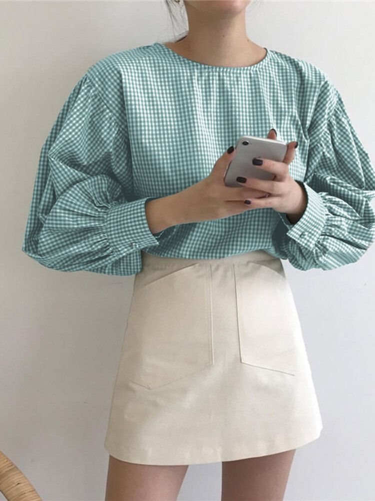 Blouse Ample Décontractée À Carreaux À Manches Bouffantes Pour Femmes