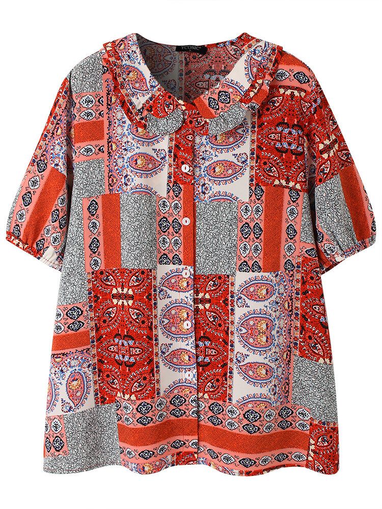 Blouse Décontractée Boutonnée À Manches Courtes Avec Motif Ethnique Vintage Pour Femmes