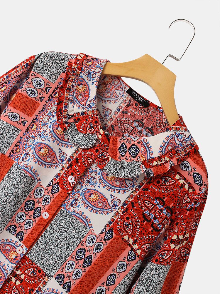 Blouse Décontractée Boutonnée À Manches Courtes Avec Motif Ethnique Vintage Pour Femmes