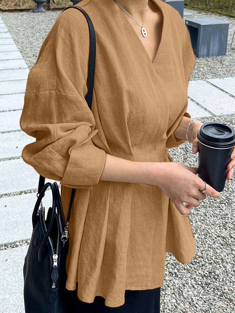 Blouse Décontractée En Coton Plissé À Manches Longues Et Col En V