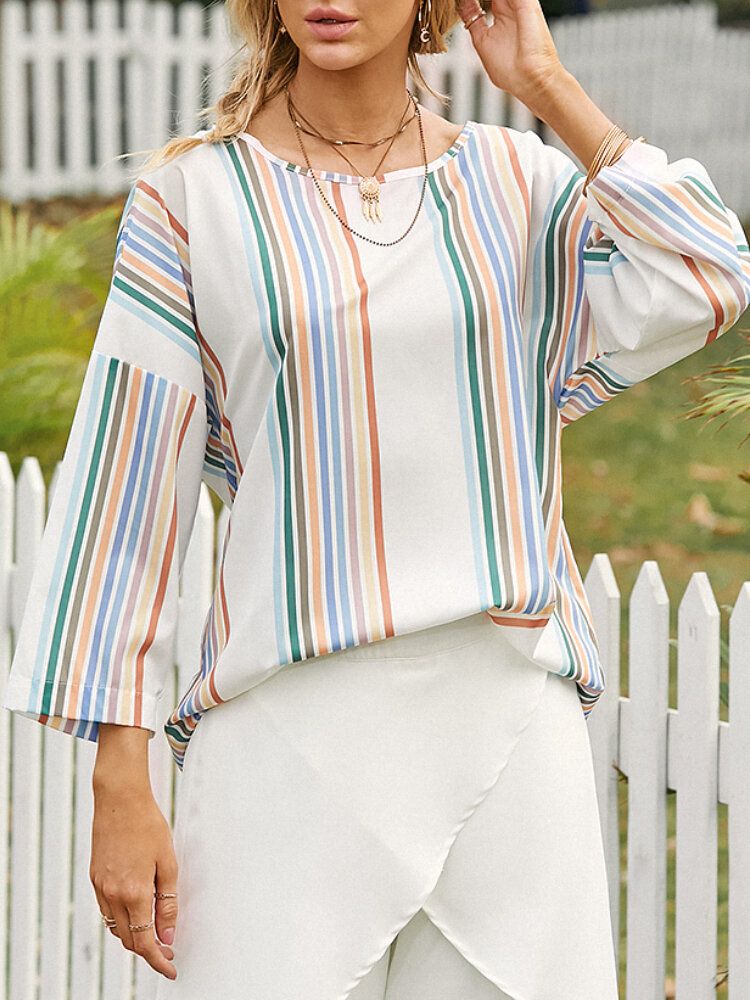 Blouse Décontractée À Manches Longues À Rayures Colorées Pour Femmes