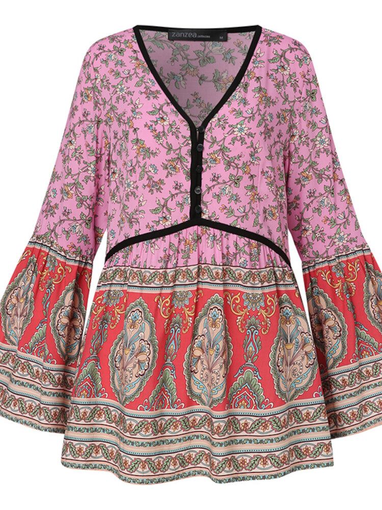 Blouses Décontractées À Col En V À Imprimé Floral Rétro Bohème Pour Femmes