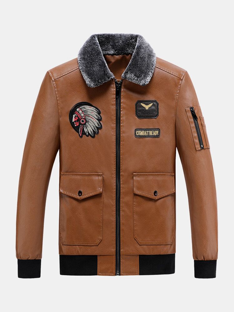 Blouson Aviateur En Cuir Pu Avec Col En Fausse Fourrure Brodé Pour Homme