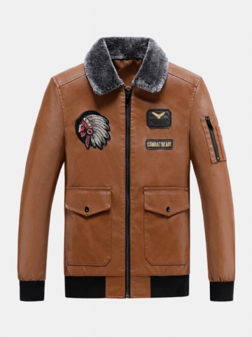 Blouson Aviateur En Cuir Pu Avec Col En Fausse Fourrure Brodé Pour Homme