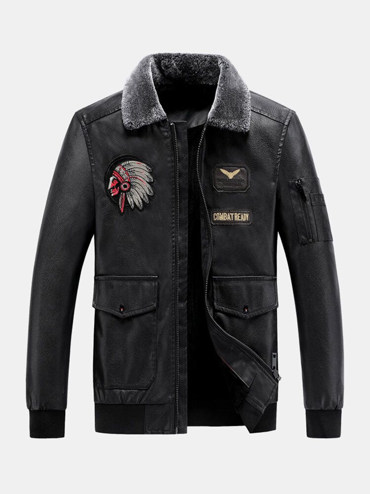 Blouson Aviateur En Cuir Pu Avec Col En Fausse Fourrure Brodé Pour Homme