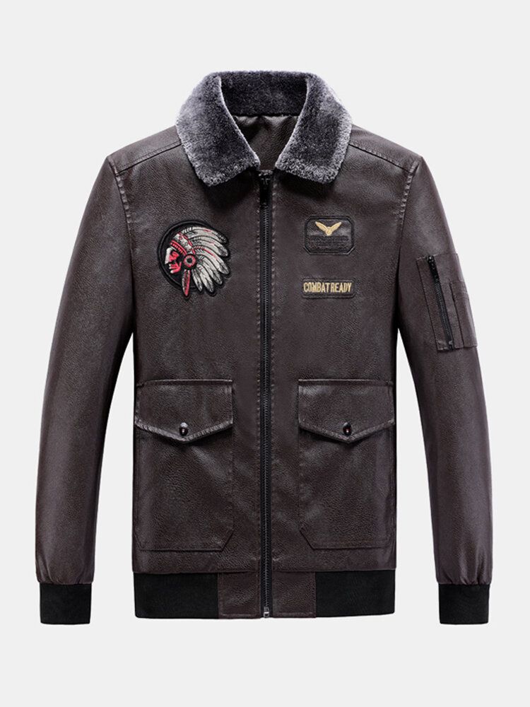 Blouson Aviateur En Cuir Pu Avec Col En Fausse Fourrure Brodé Pour Homme