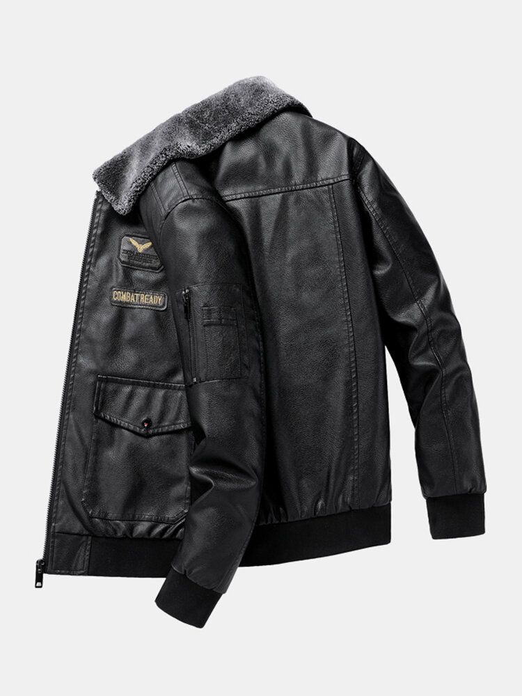 Blouson Aviateur En Cuir Pu Avec Col En Fausse Fourrure Brodé Pour Homme