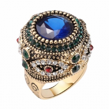 Bohème Bleu Strass Bagues Ethnique Plaqué Or Rond Géométrique Bague Bijoux Pour Femmes