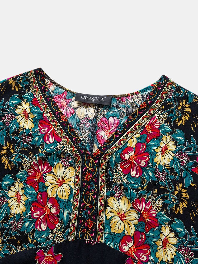 Bohème Ethnique Floral Imprimé V-cou Poche Demi Manches Robe Décontractée Pour Les Femmes