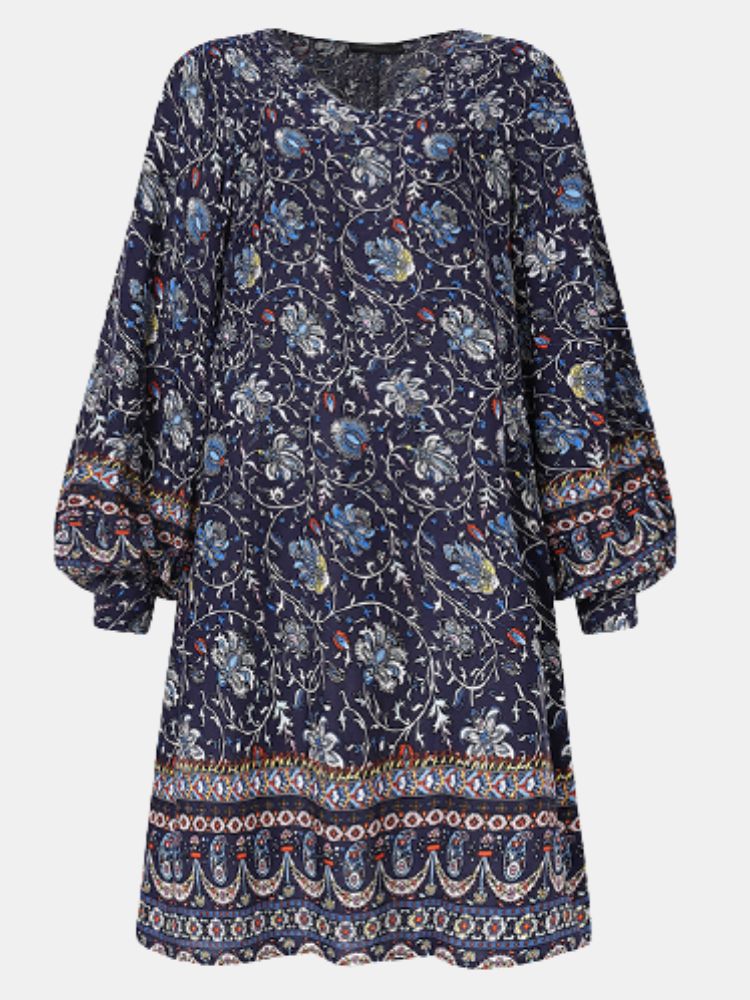 Bohème Femmes Imprimé Floral Col En V Manches Bouffantes Poignets Boutonnés Mini Robe Décontractée