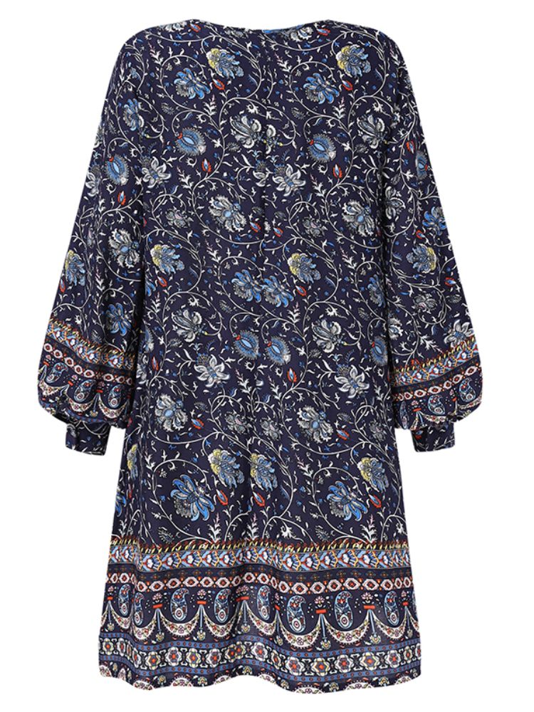 Bohème Femmes Imprimé Floral Col En V Manches Bouffantes Poignets Boutonnés Mini Robe Décontractée