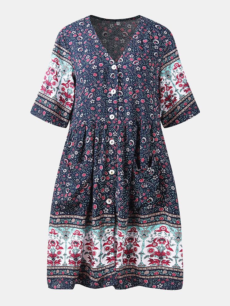 Bohême Floral Ethnique Col En V Bouton Manches Courtes Imprimé Robe