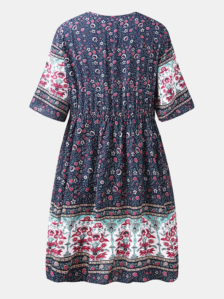 Bohême Floral Ethnique Col En V Bouton Manches Courtes Imprimé Robe