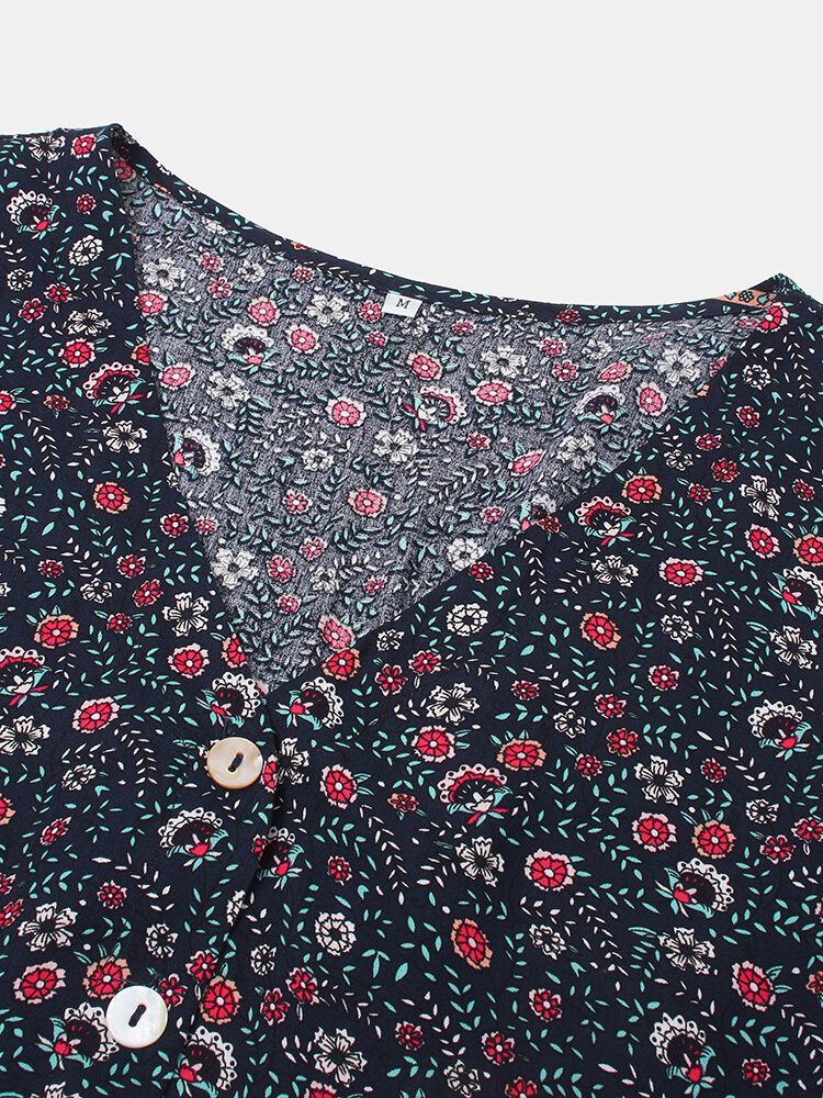 Bohême Floral Ethnique Col En V Bouton Manches Courtes Imprimé Robe