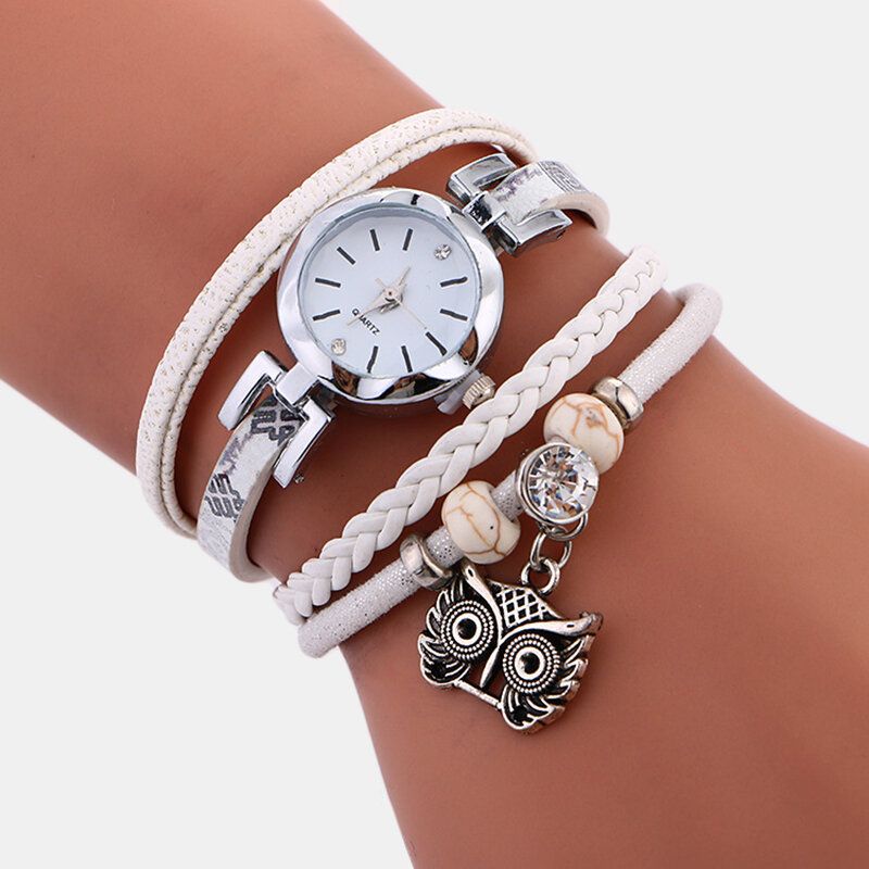 Bohème Mignon Hibou Bracelet En Cuir Montre Ethnique Métal Strass Multicouche Montres-bracelets