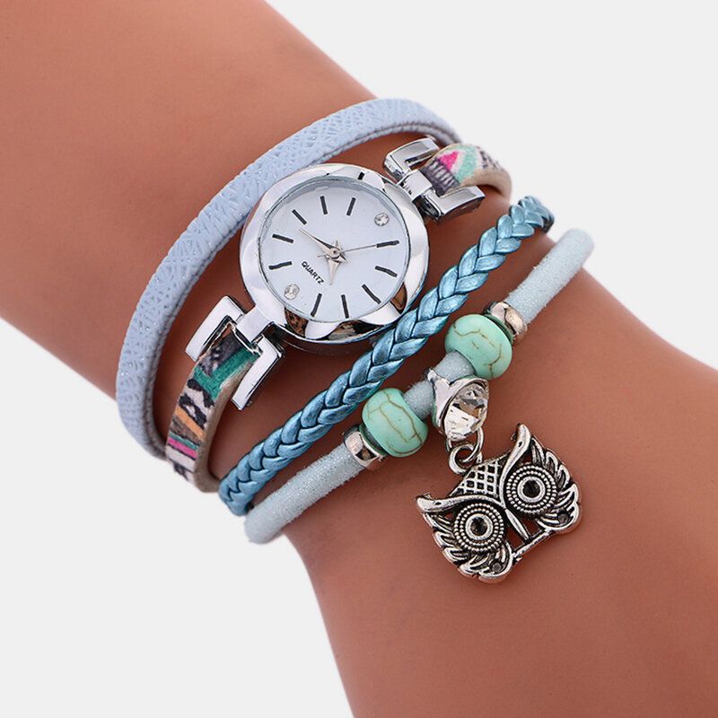 Bohème Mignon Hibou Bracelet En Cuir Montre Ethnique Métal Strass Multicouche Montres-bracelets