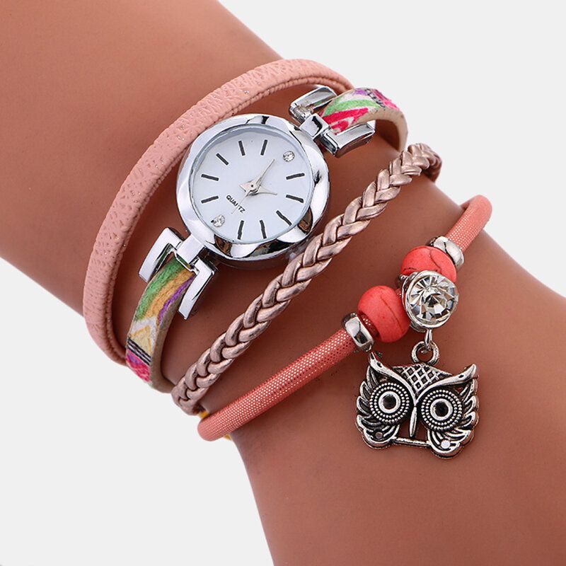 Bohème Mignon Hibou Bracelet En Cuir Montre Ethnique Métal Strass Multicouche Montres-bracelets