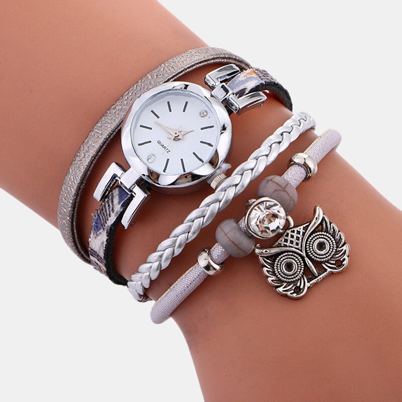 Bohème Mignon Hibou Bracelet En Cuir Montre Ethnique Métal Strass Multicouche Montres-bracelets