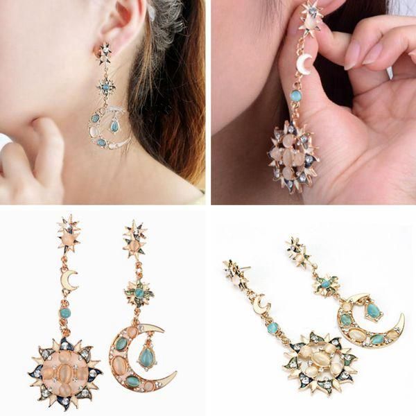 Bohème À La Mode Étoile Soleil Lune Strass Cristal Stellaire Oreille Goutte Boucle D'oreille Pour Femmes Bijoux