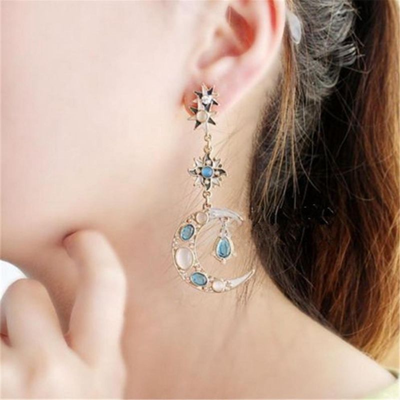 Bohème À La Mode Étoile Soleil Lune Strass Cristal Stellaire Oreille Goutte Boucle D'oreille Pour Femmes Bijoux