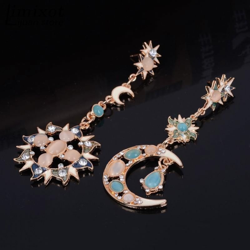 Bohème À La Mode Étoile Soleil Lune Strass Cristal Stellaire Oreille Goutte Boucle D'oreille Pour Femmes Bijoux