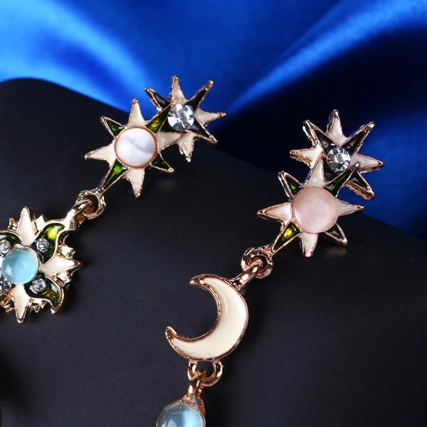 Bohème À La Mode Étoile Soleil Lune Strass Cristal Stellaire Oreille Goutte Boucle D'oreille Pour Femmes Bijoux