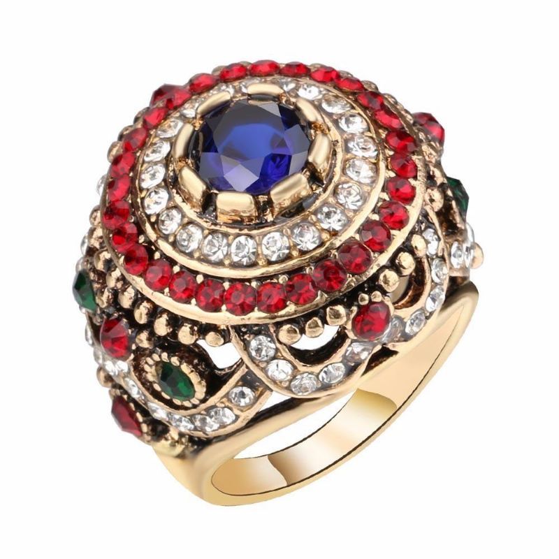 Bohème Plaqué Or Bague Opale Bleu Résine Cristal Creux Anneaux Cadeau Ethnique Pour Les Femmes