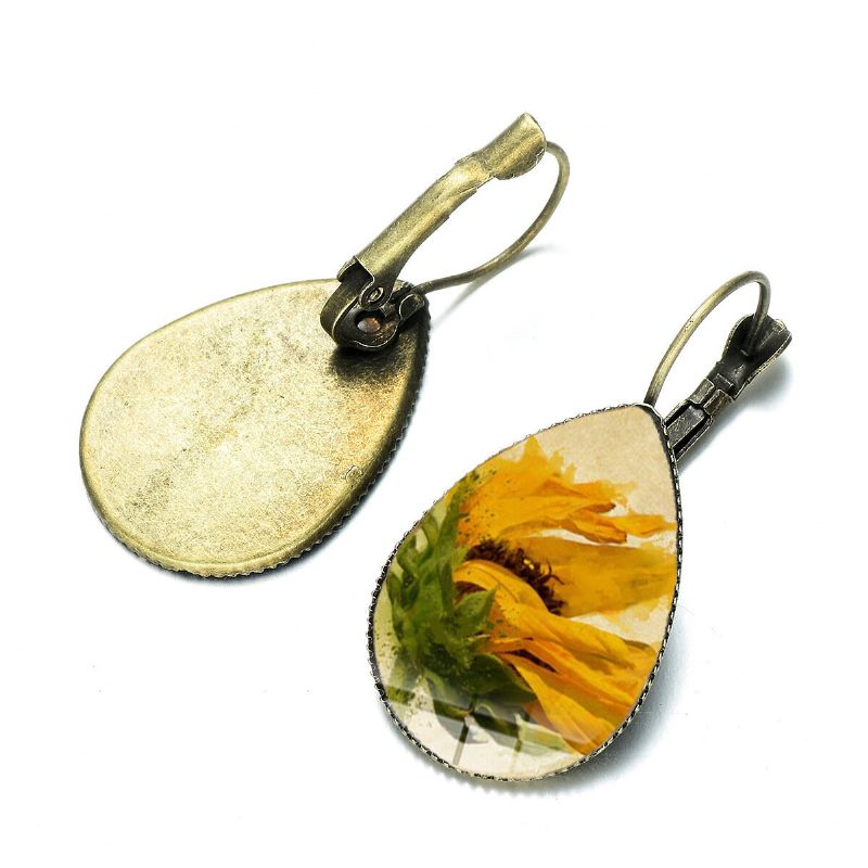 Bohème Soleil Fleur Imprimer Boucles D'oreilles Goutte D'eau Forme Tournesol Gemme Montage Oreille Crochet Femmes Bijoux Cadeaux