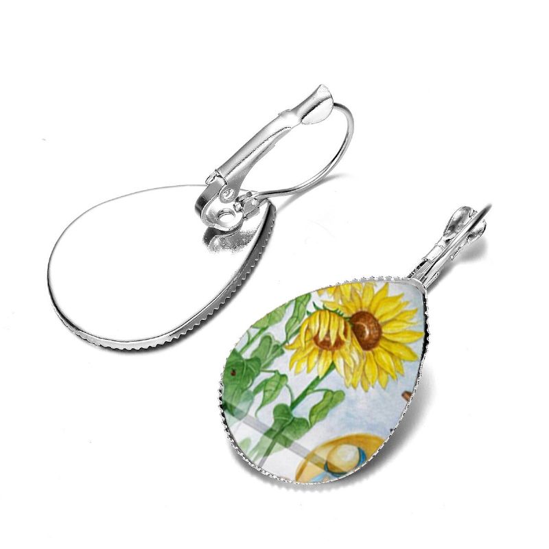 Bohème Soleil Fleur Imprimer Boucles D'oreilles Goutte D'eau Forme Tournesol Gemme Montage Oreille Crochet Femmes Bijoux Cadeaux