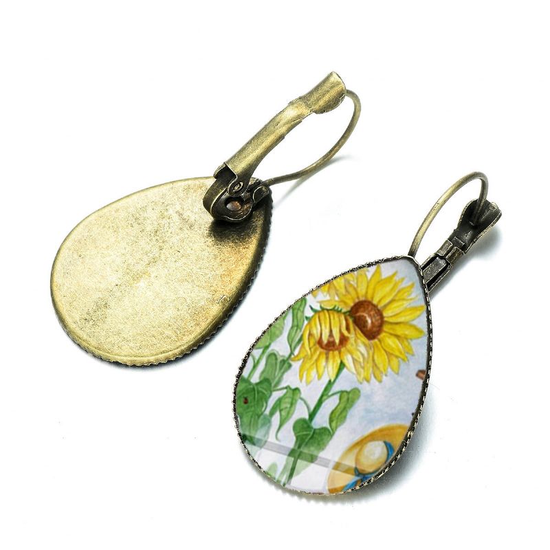 Bohème Soleil Fleur Imprimer Boucles D'oreilles Goutte D'eau Forme Tournesol Gemme Montage Oreille Crochet Femmes Bijoux Cadeaux