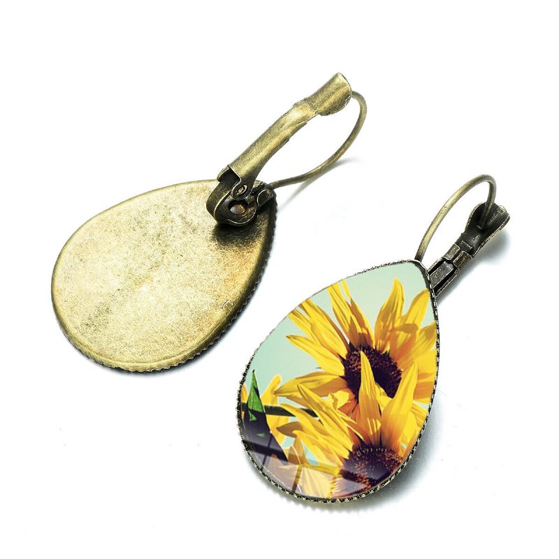 Bohème Soleil Fleur Imprimer Boucles D'oreilles Goutte D'eau Forme Tournesol Gemme Montage Oreille Crochet Femmes Bijoux Cadeaux