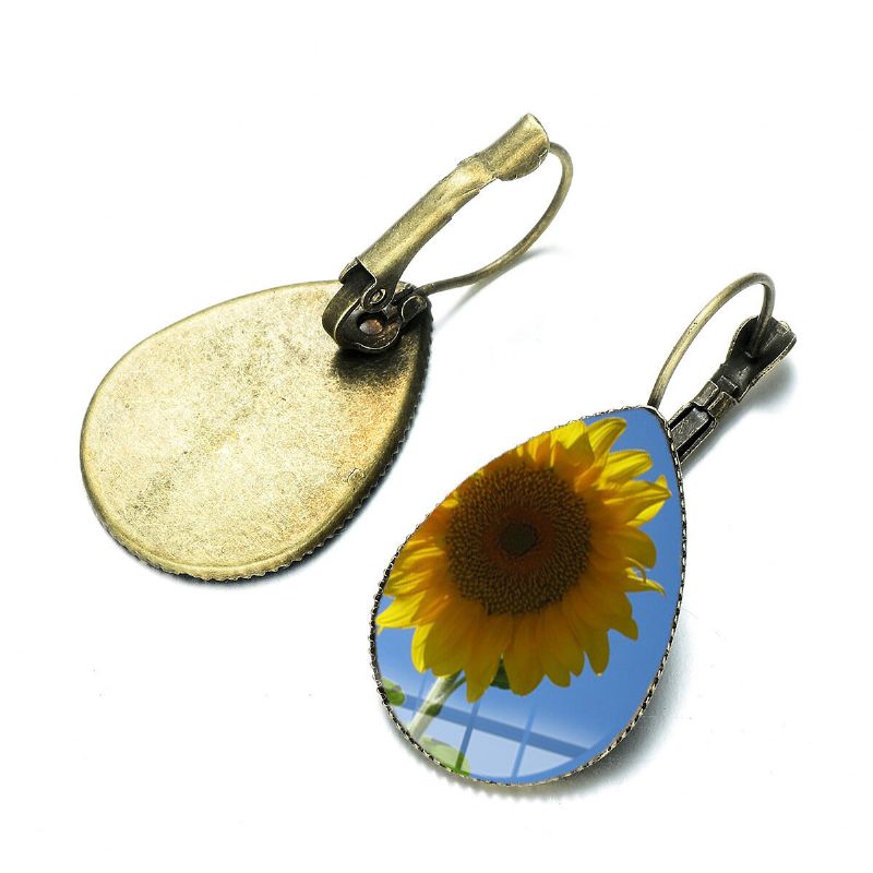 Bohème Soleil Fleur Imprimer Boucles D'oreilles Goutte D'eau Forme Tournesol Gemme Montage Oreille Crochet Femmes Bijoux Cadeaux