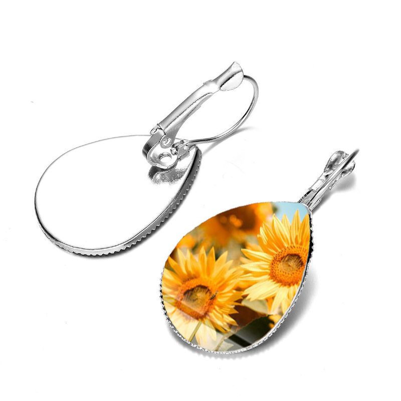 Bohème Soleil Fleur Imprimer Boucles D'oreilles Goutte D'eau Forme Tournesol Gemme Montage Oreille Crochet Femmes Bijoux Cadeaux