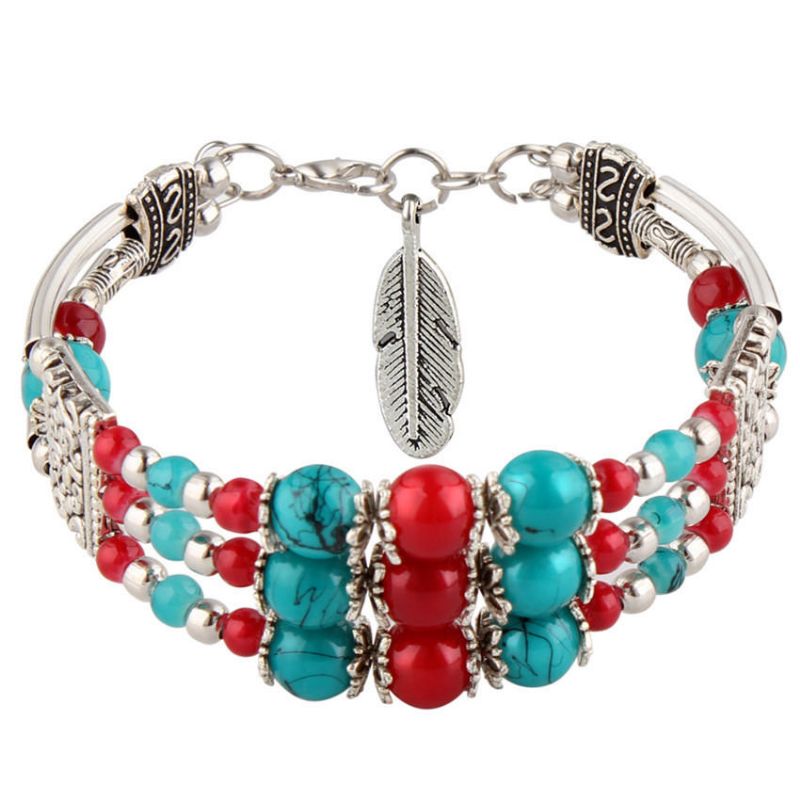 Bohème Tibétain Argent Feuille Pendentif Ethnique Multicolore Perles Femmes Bracelet Jonc