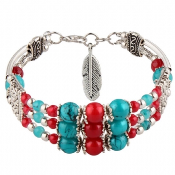 Bohème Tibétain Argent Feuille Pendentif Ethnique Multicolore Perles Femmes Bracelet Jonc