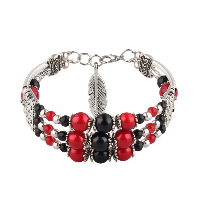 Bohème Tibétain Argent Feuille Pendentif Ethnique Multicolore Perles Femmes Bracelet Jonc