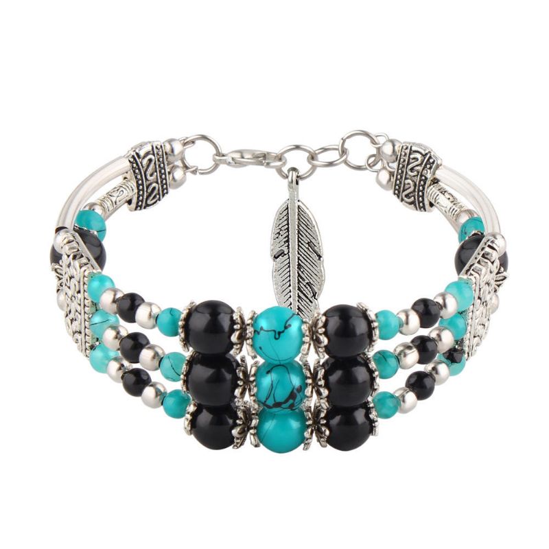 Bohème Tibétain Argent Feuille Pendentif Ethnique Multicolore Perles Femmes Bracelet Jonc