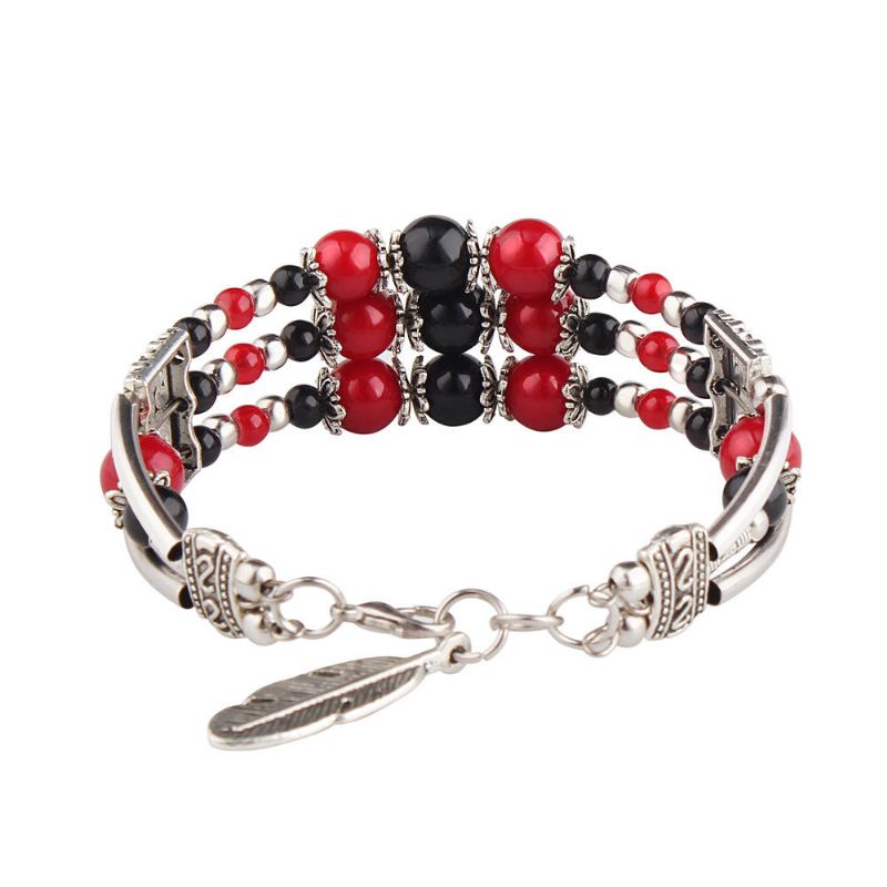 Bohème Tibétain Argent Feuille Pendentif Ethnique Multicolore Perles Femmes Bracelet Jonc