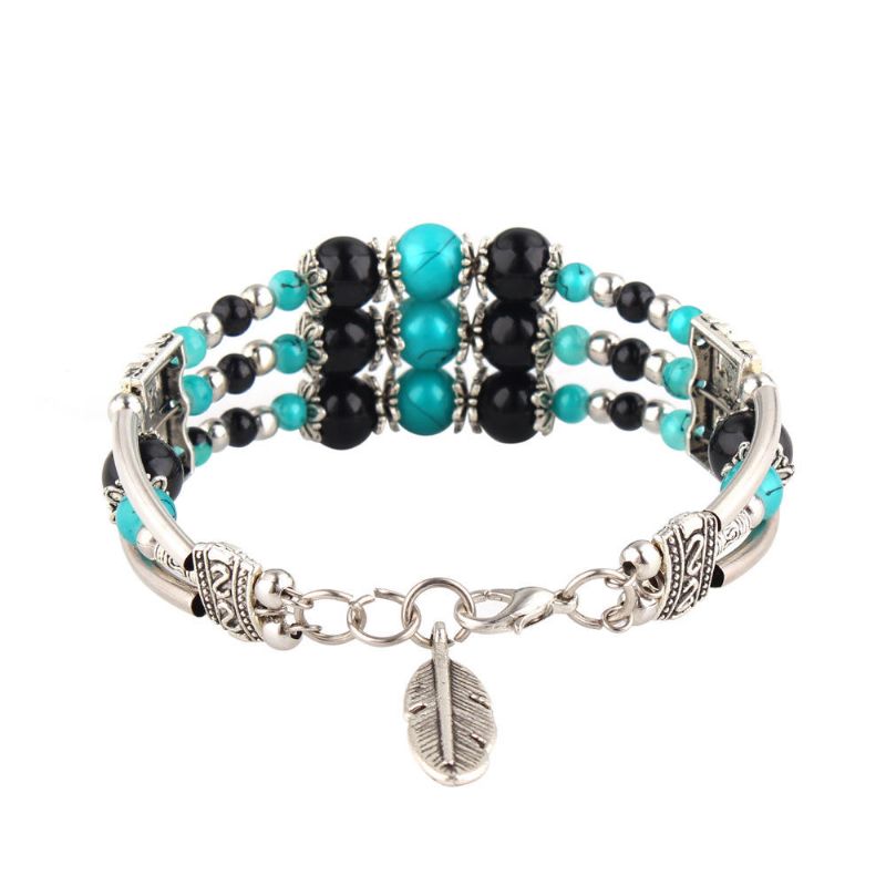 Bohème Tibétain Argent Feuille Pendentif Ethnique Multicolore Perles Femmes Bracelet Jonc